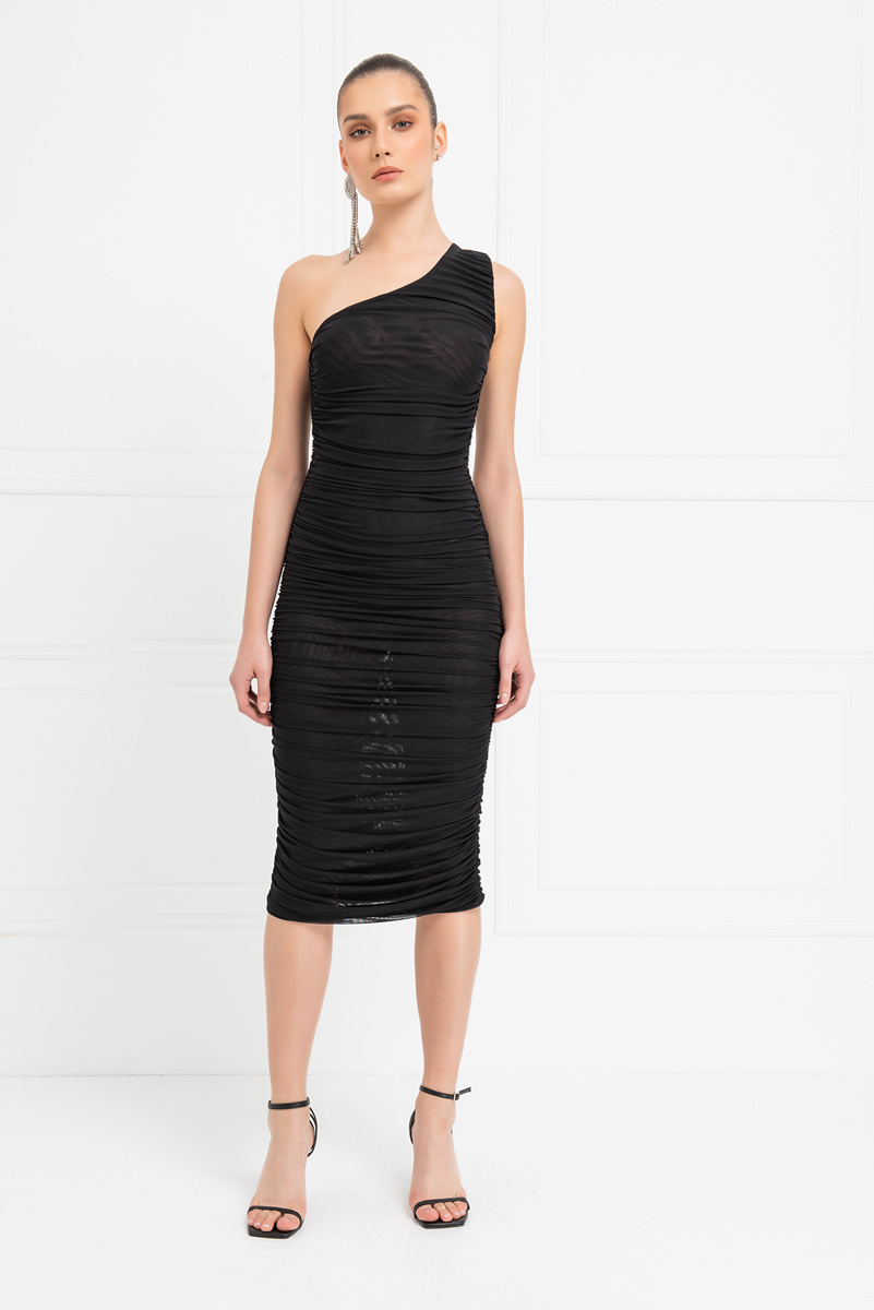 Black Shirred One-Shoulder Mesh Dress