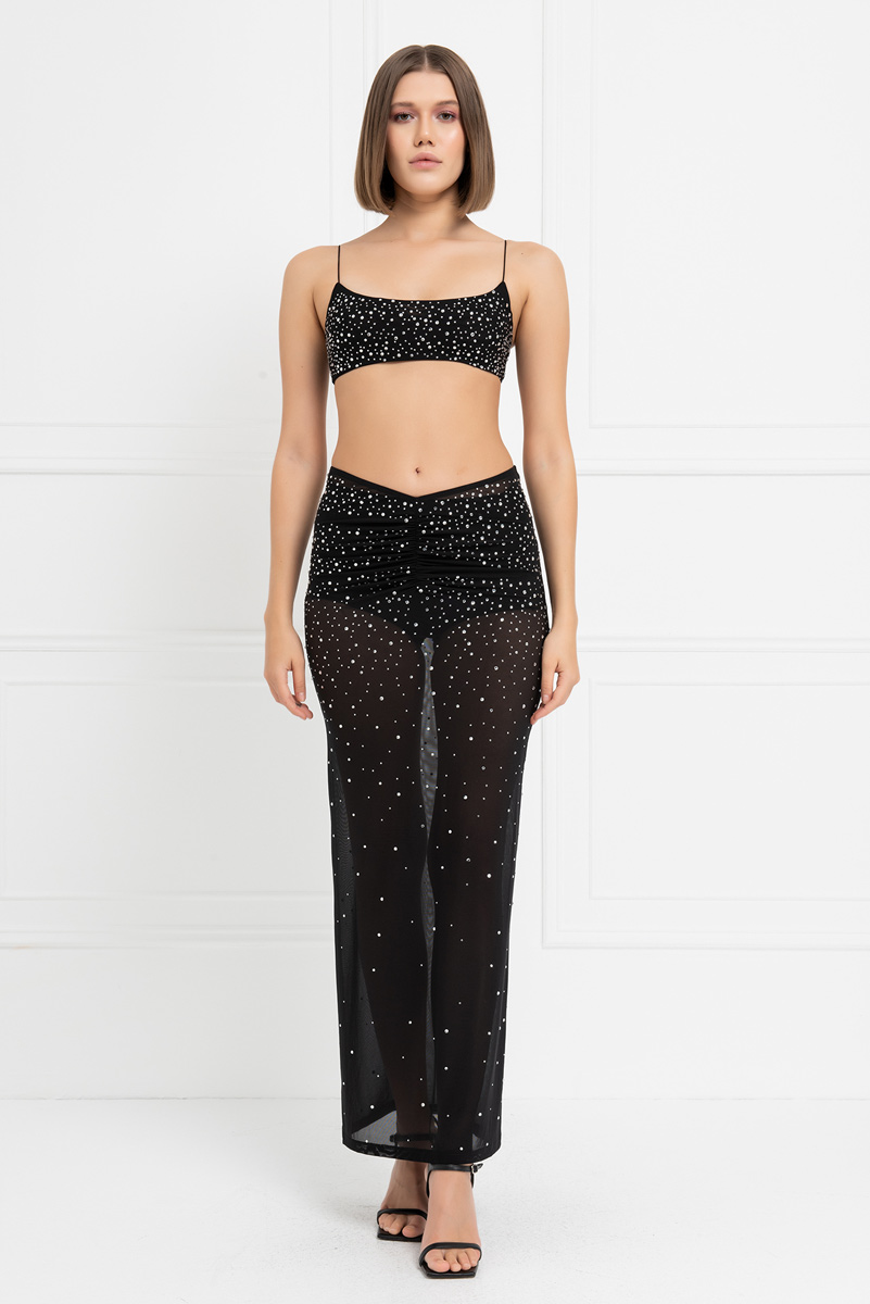Wholesale Black Embellished Crop Mesh Cami & Maxi Skirt Set