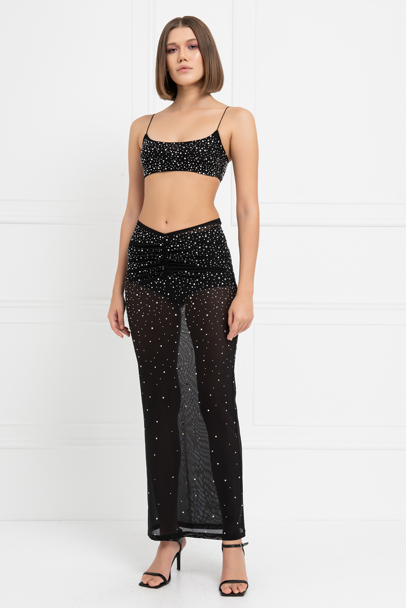 оптовая черный Embellished Crop Mesh Cami & Maxi Skirt Set
