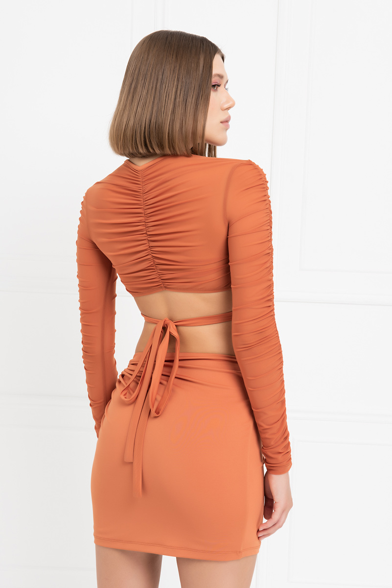 Wholesale Ochre Shirred Crop Mesh Top & Skirt Set