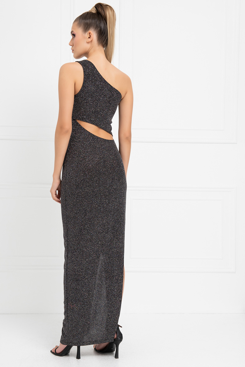 Wholesale Glittery Black-Silver Cut Out Maxi Dress