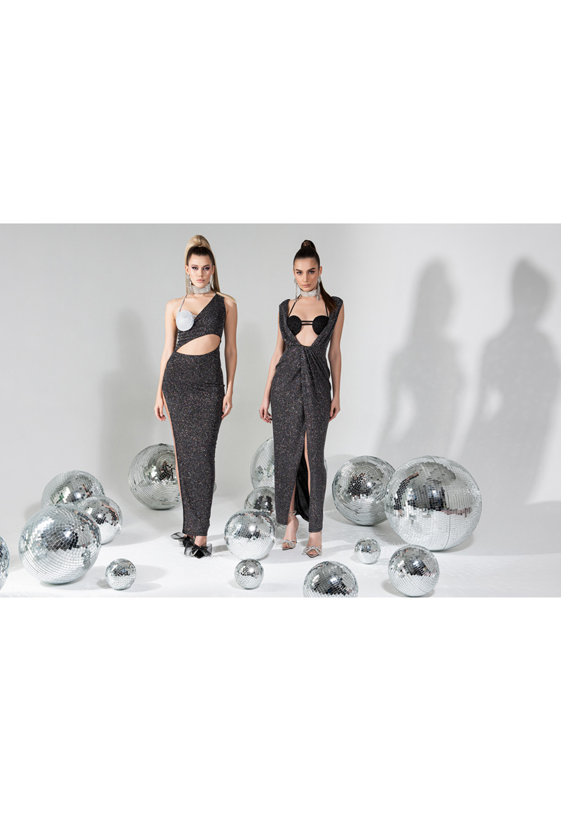 Toptan Siyah-Gümüş Bel Dekolteli Simli Maxi Elbise