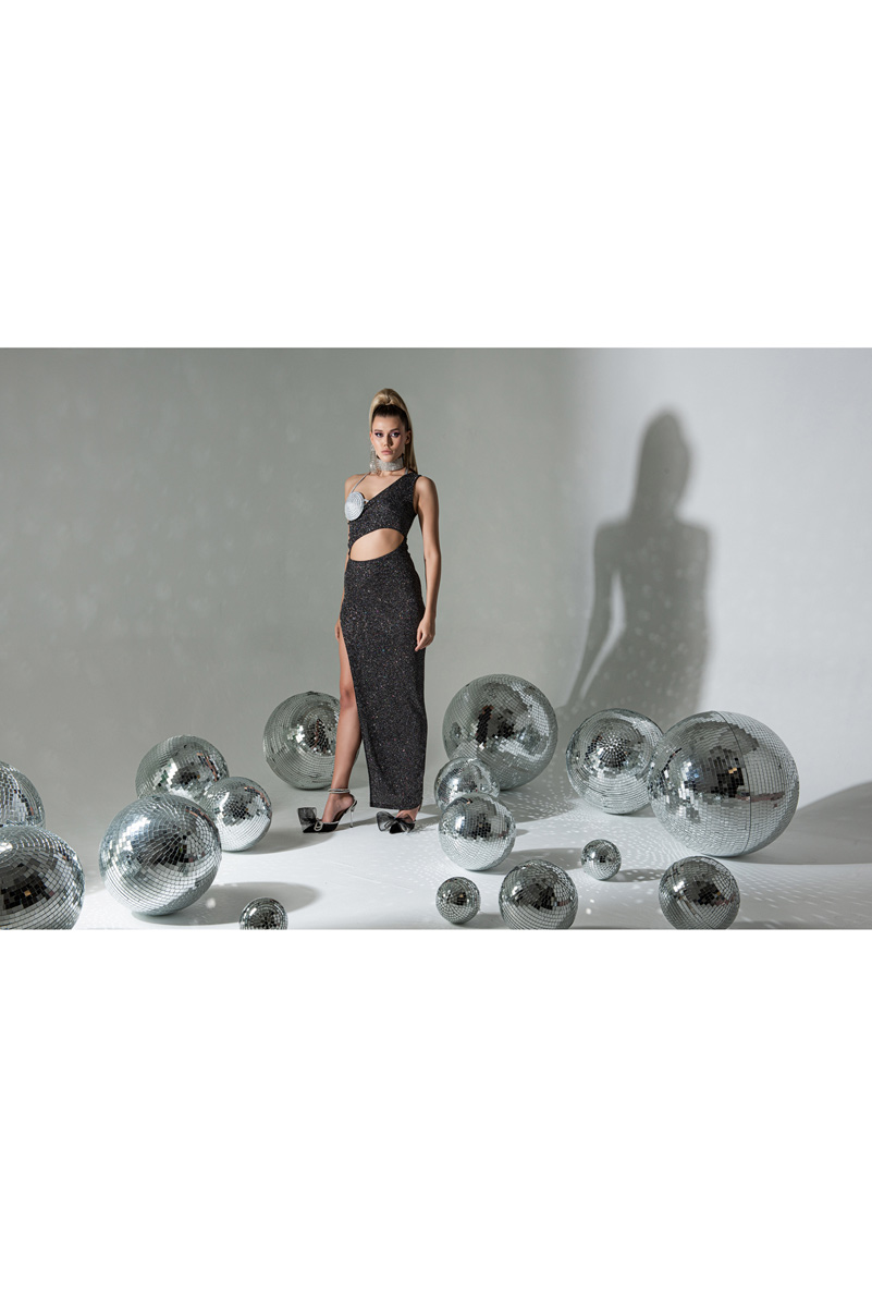 Wholesale Glittery Black-Silver Cut Out Maxi Dress