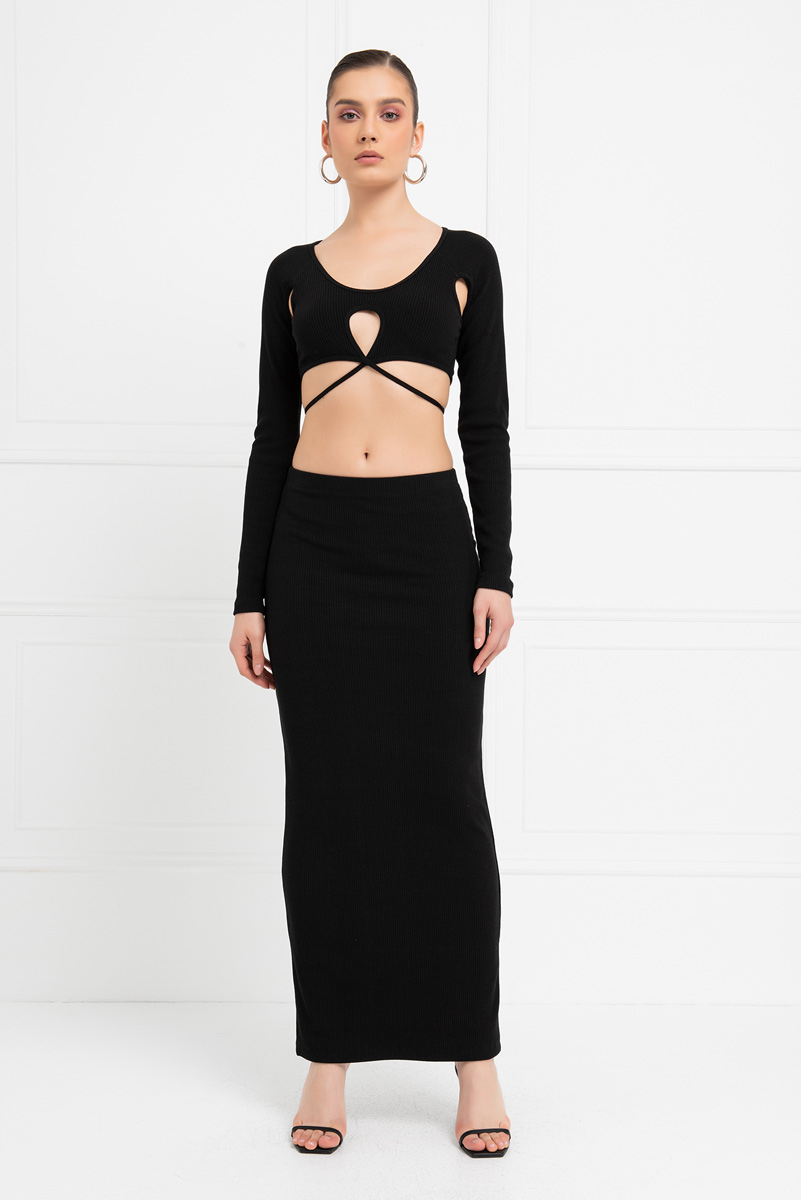 Wholesale Black Ribbed Crop Top & Maxi Skirt Set