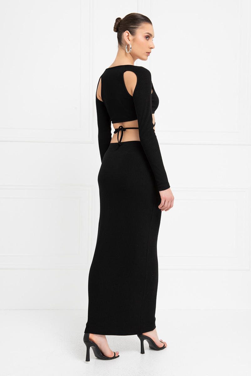 Wholesale Black Ribbed Crop Top & Maxi Skirt Set
