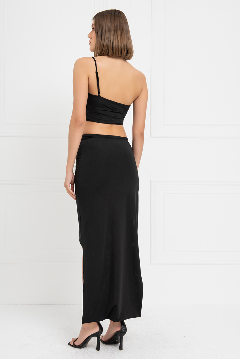 Wholesale Black One-Shoulder Crop Top & Split-Leg Skirt Set