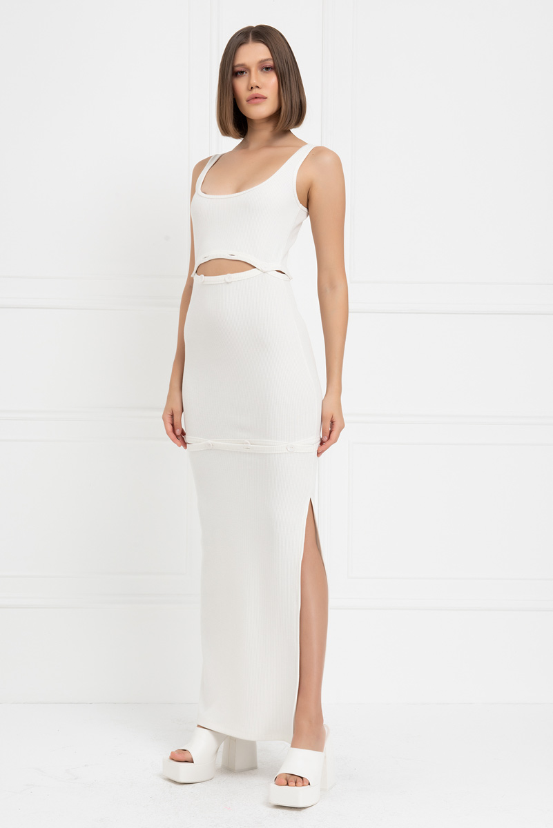 Toptan Off white Düğme Detaylı Maxi Elbise