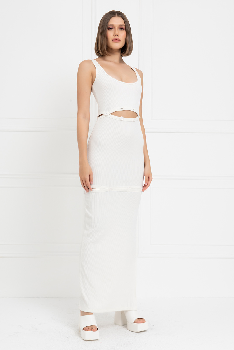 Toptan Off white Düğme Detaylı Maxi Elbise