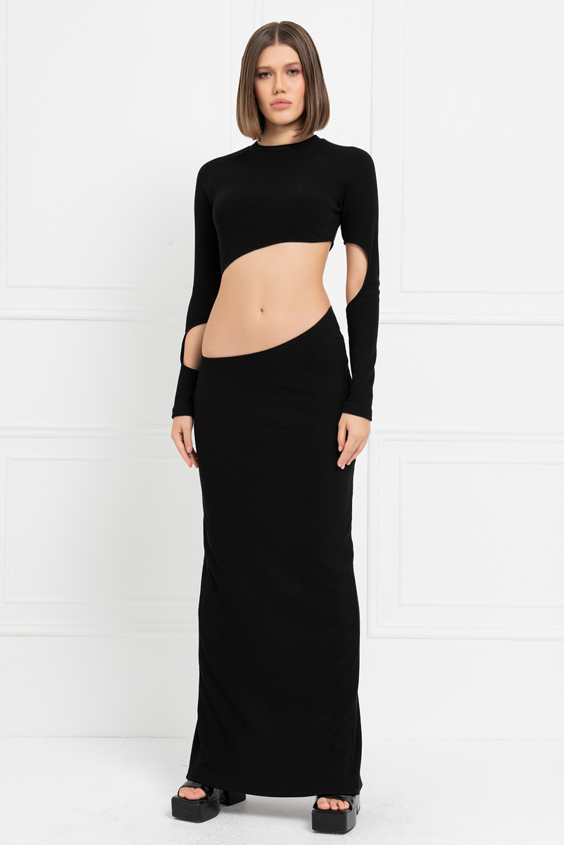 Wholesale Black Cut Out Mid Ribbed Maxi Dress