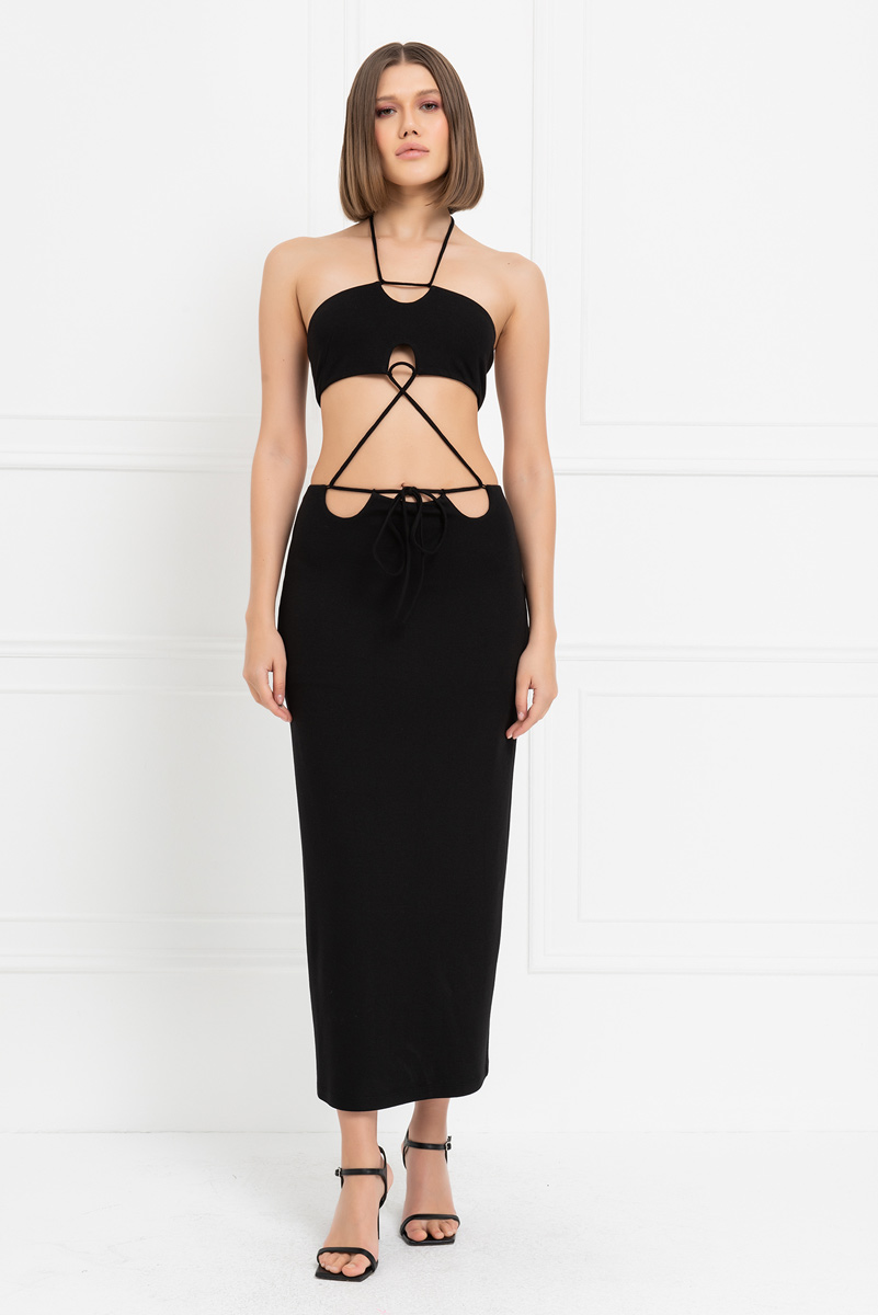 Black Cut Out Mid-Section Strappy Dress