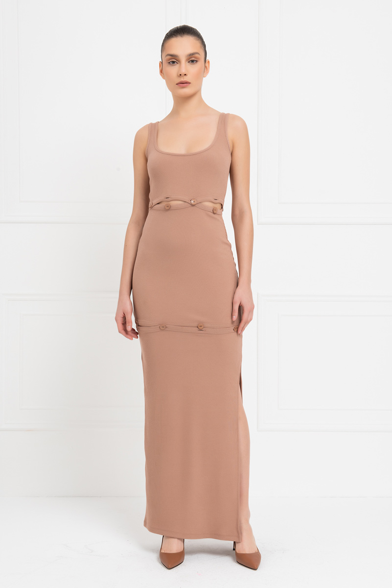 Caramel Button-Accent Maxi Dress