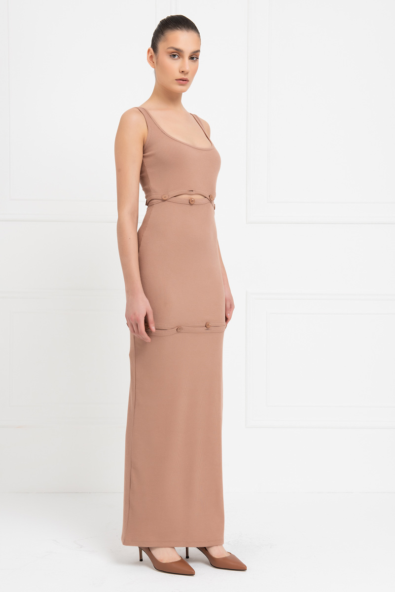 Caramel Button-Accent Maxi Dress