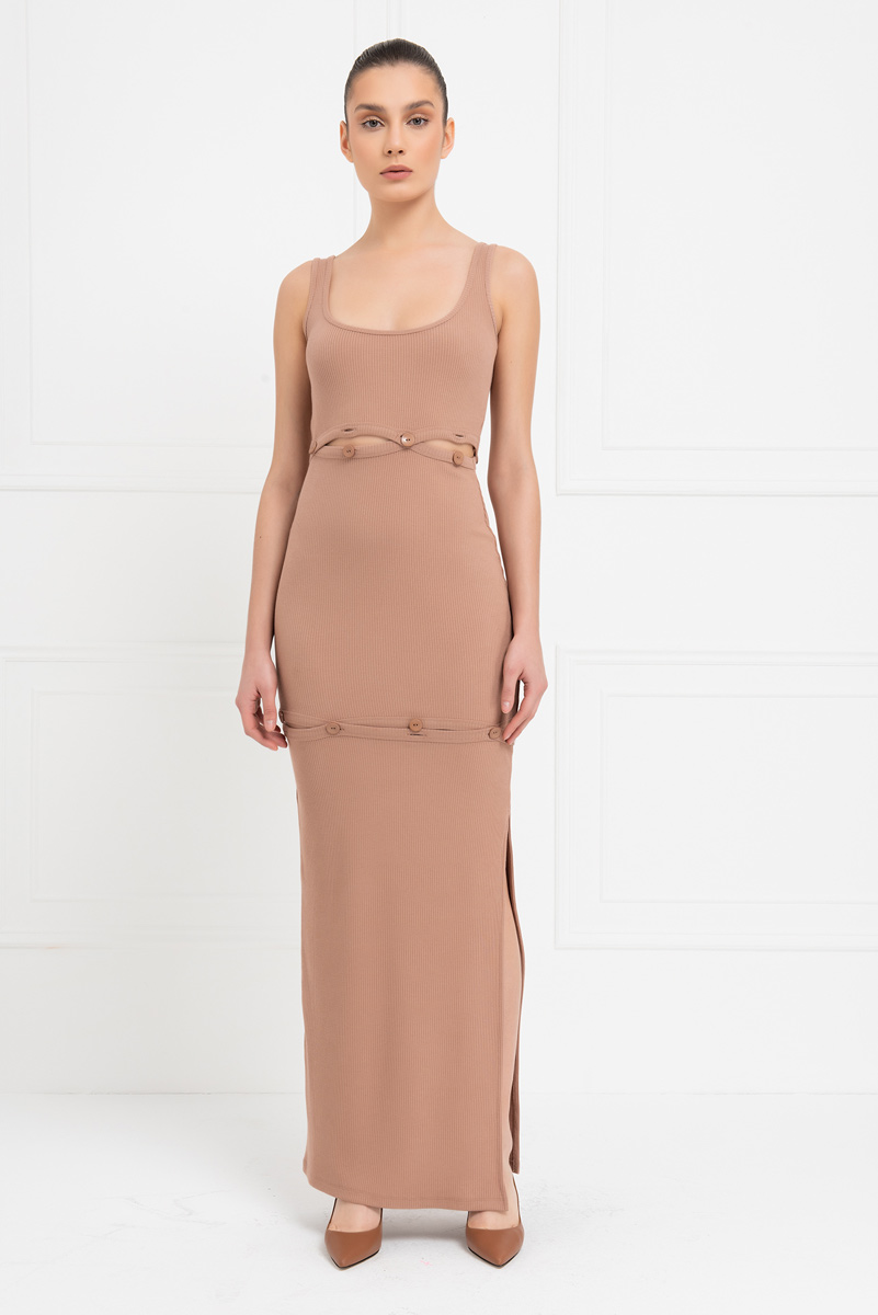 Caramel Button-Accent Maxi Dress