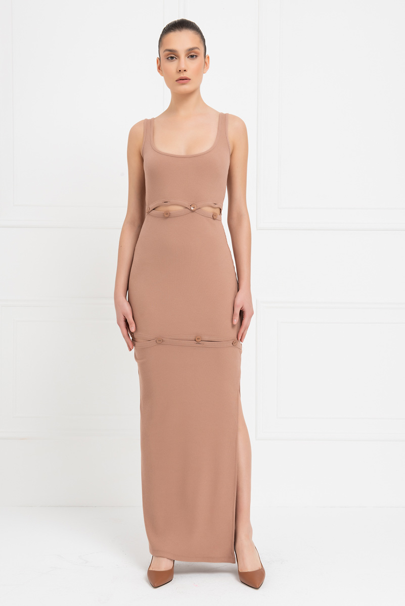 Caramel Button-Accent Maxi Dress