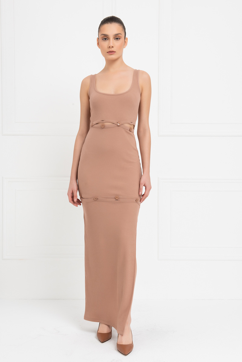 Caramel Button-Accent Maxi Dress