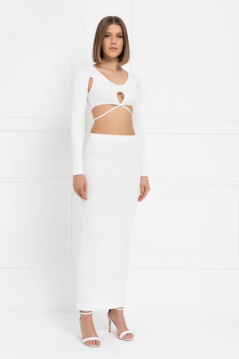 Offwhite Ribbed Crop Top & Maxi Skirt Set