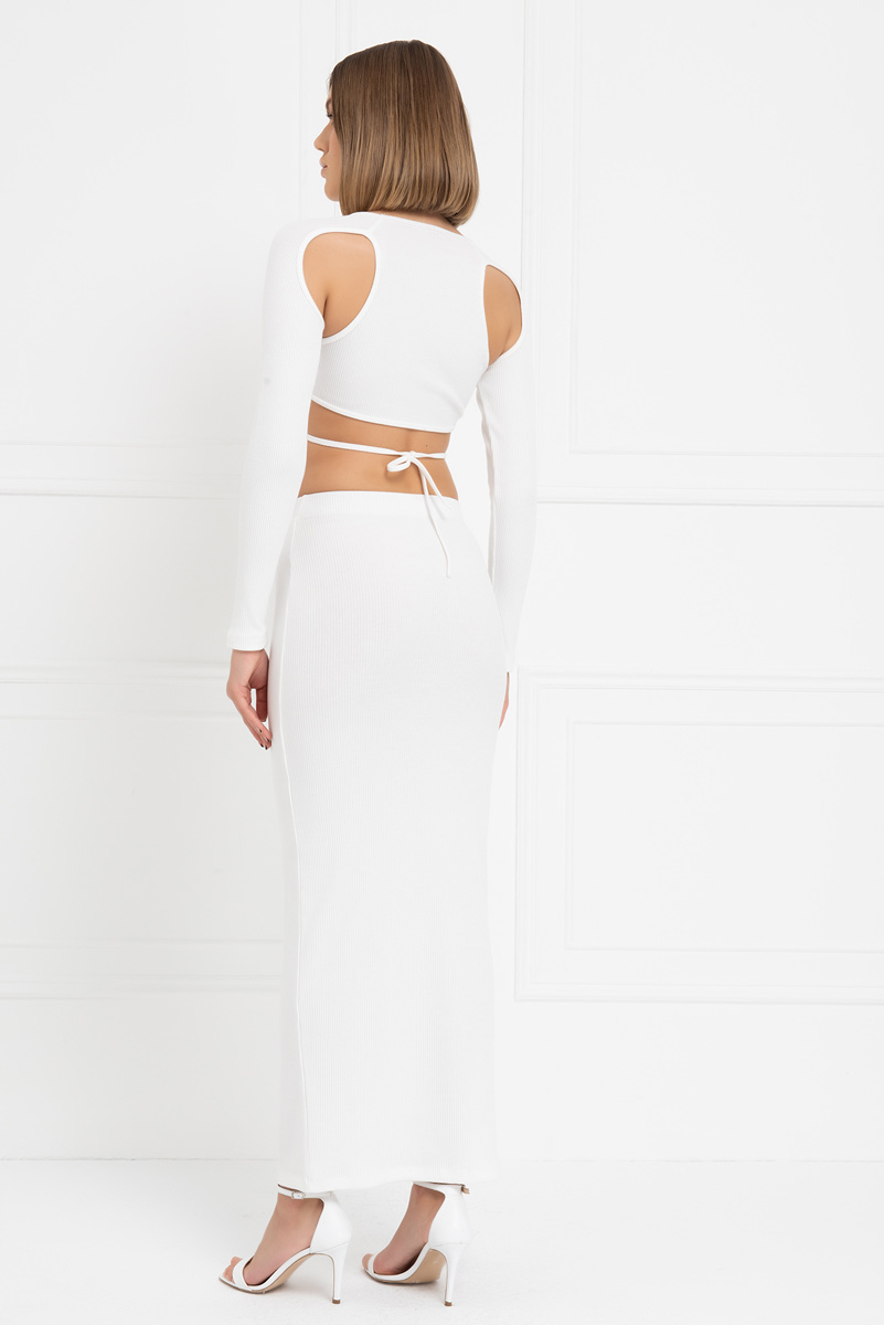 Wholesale Offwhite Ribbed Crop Top & Maxi Skirt Set