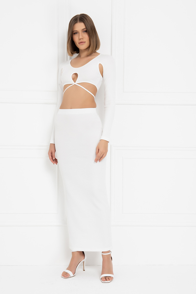 Wholesale Offwhite Ribbed Crop Top & Maxi Skirt Set