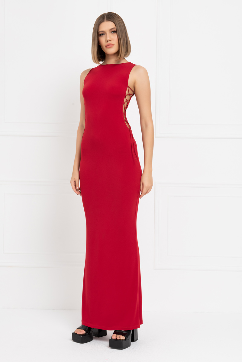 Red Lace Up Side Maxi Dress