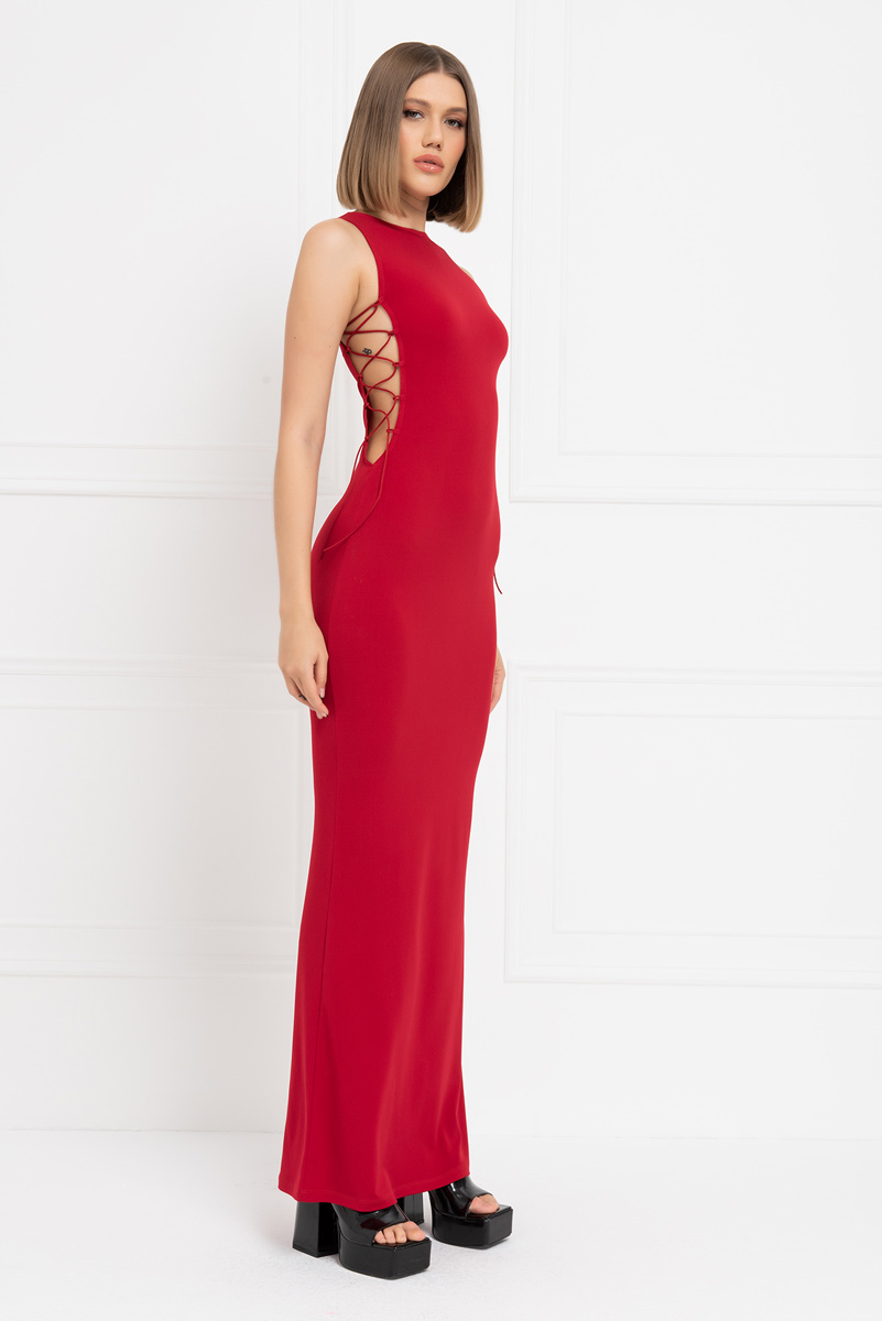 Red Lace Up Side Maxi Dress