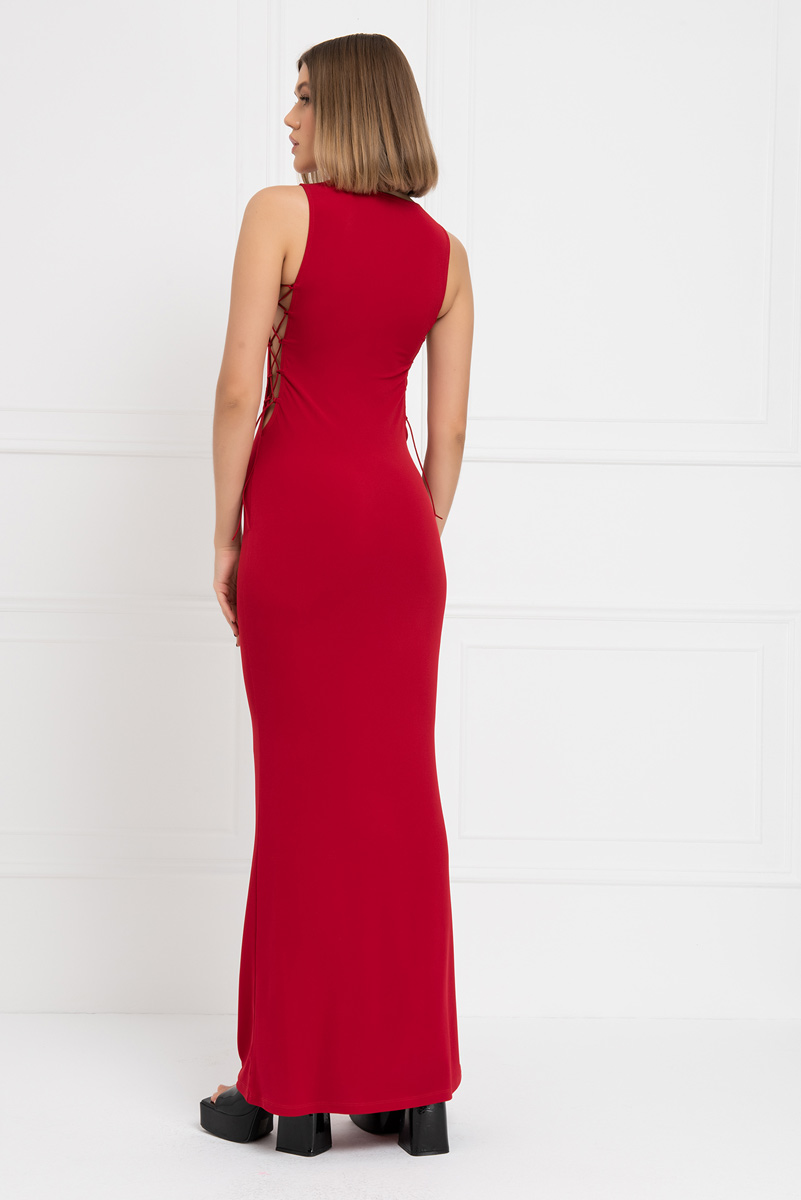 Red Lace Up Side Maxi Dress