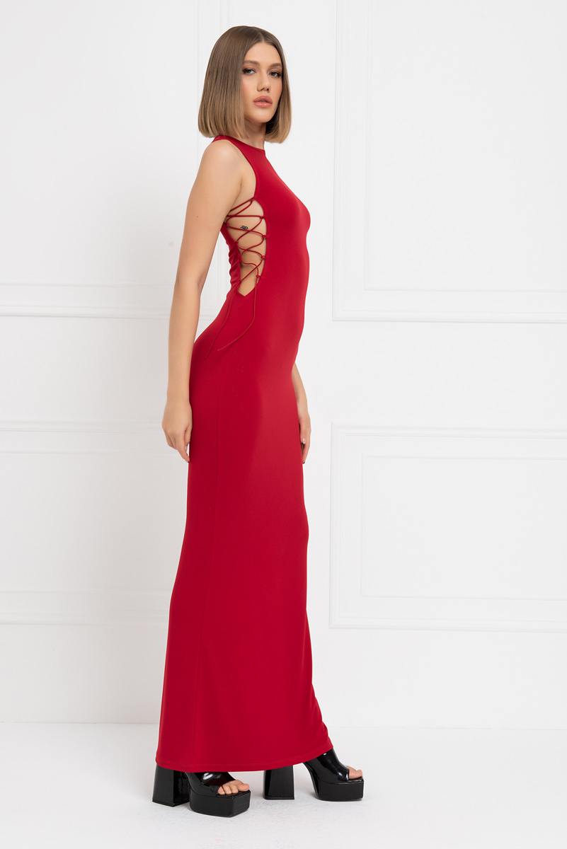 Red Lace Up Side Maxi Dress