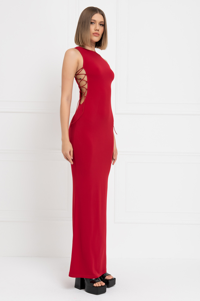 Red Lace Up Side Maxi Dress