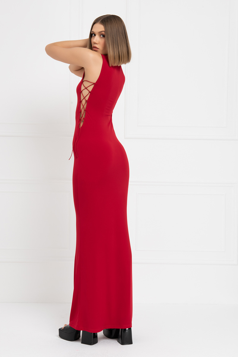 Red Lace Up Side Maxi Dress