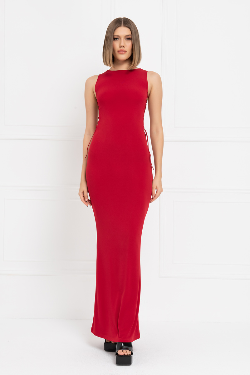 Red Lace Up Side Maxi Dress