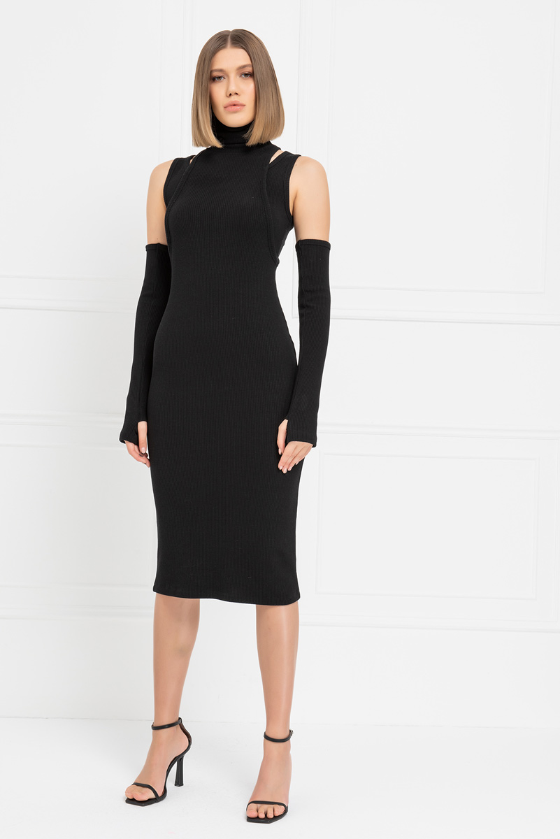 Black Ribbed Midi Dress with Gloves