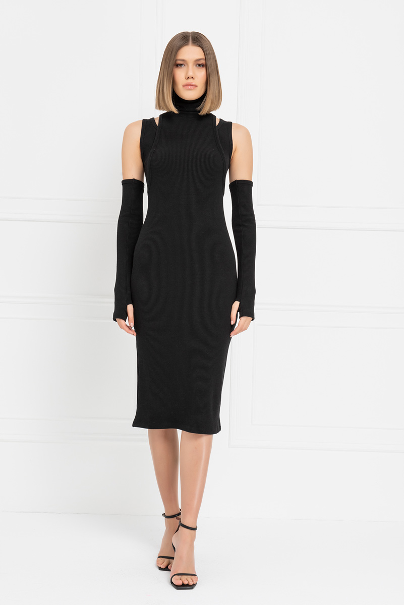 Black Ribbed Midi Dress with Gloves