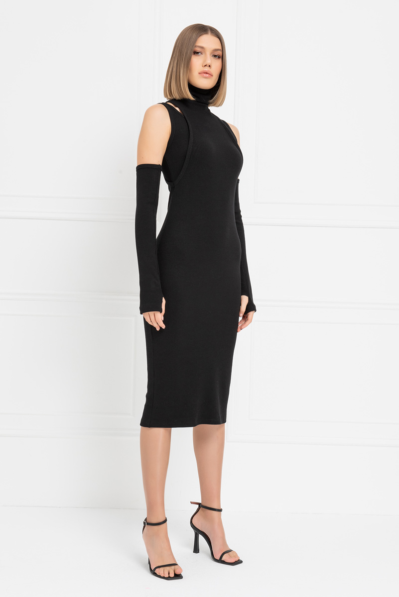 Black Ribbed Midi Dress with Gloves