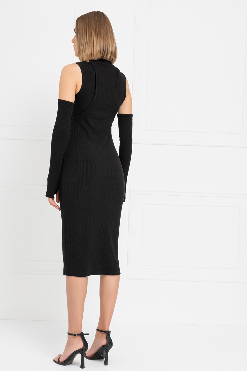 Black Ribbed Midi Dress with Gloves