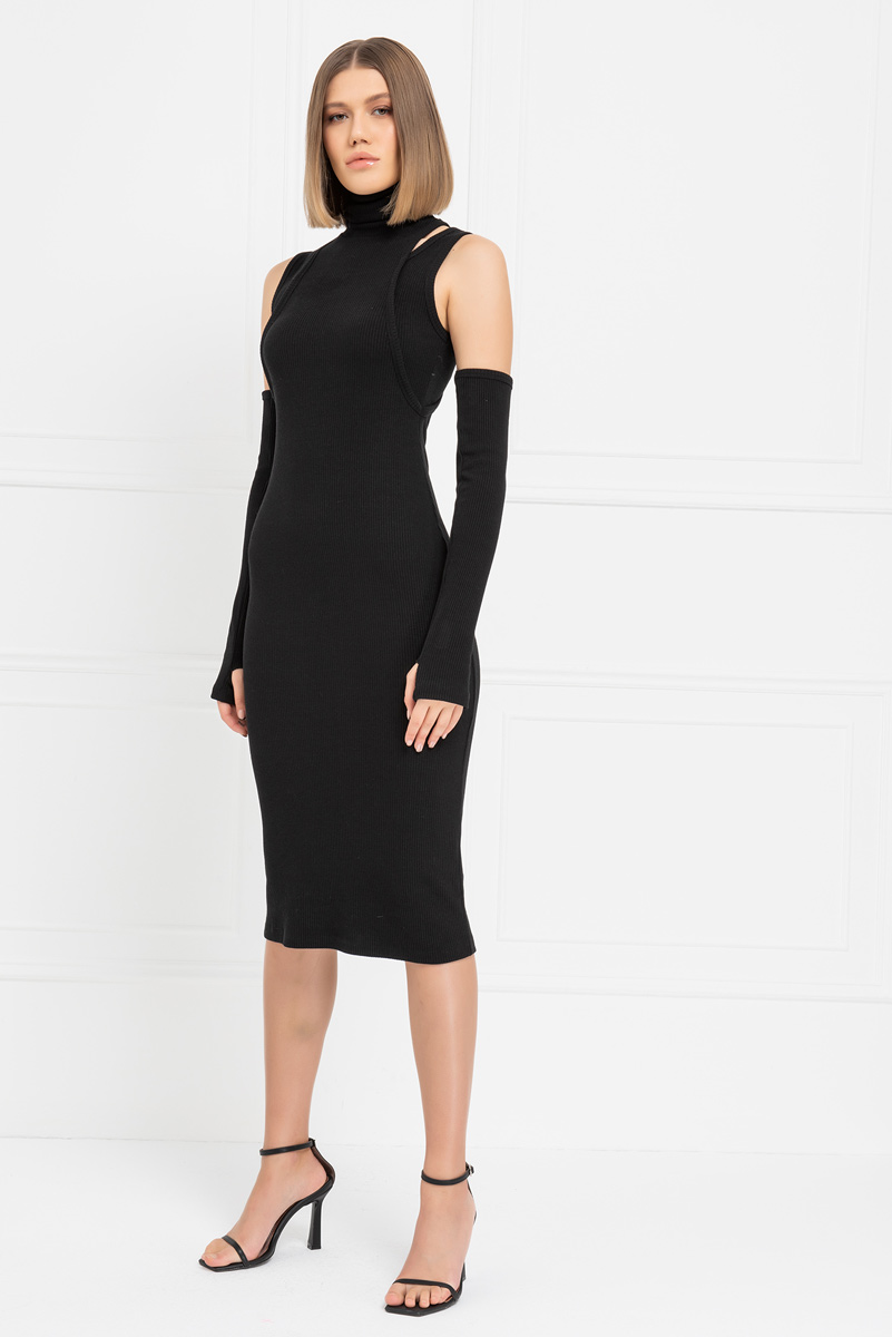 Black Ribbed Midi Dress with Gloves