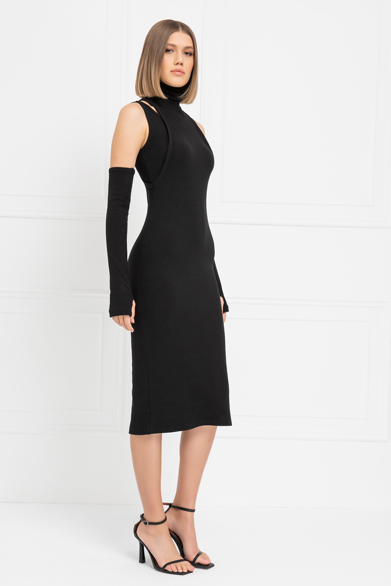 Black Ribbed Midi Dress with Gloves