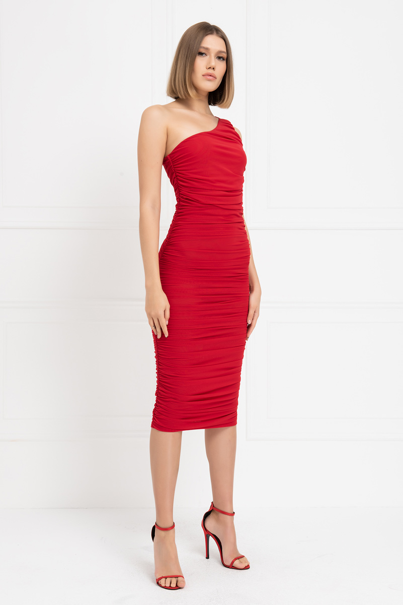 Red Shirred One-Shoulder Mesh Dress