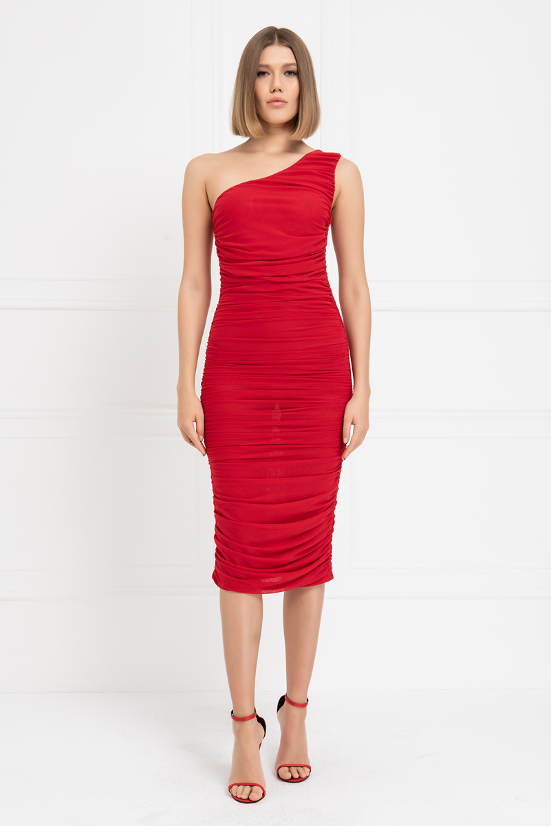 Red Shirred One-Shoulder Mesh Dress