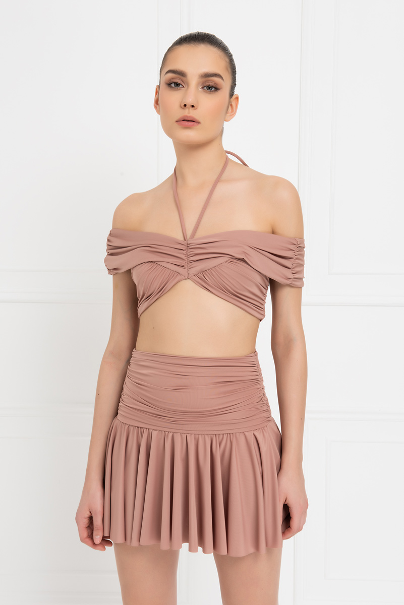 Wholesale Caramel Shirred Crop Cami & Skirt Set