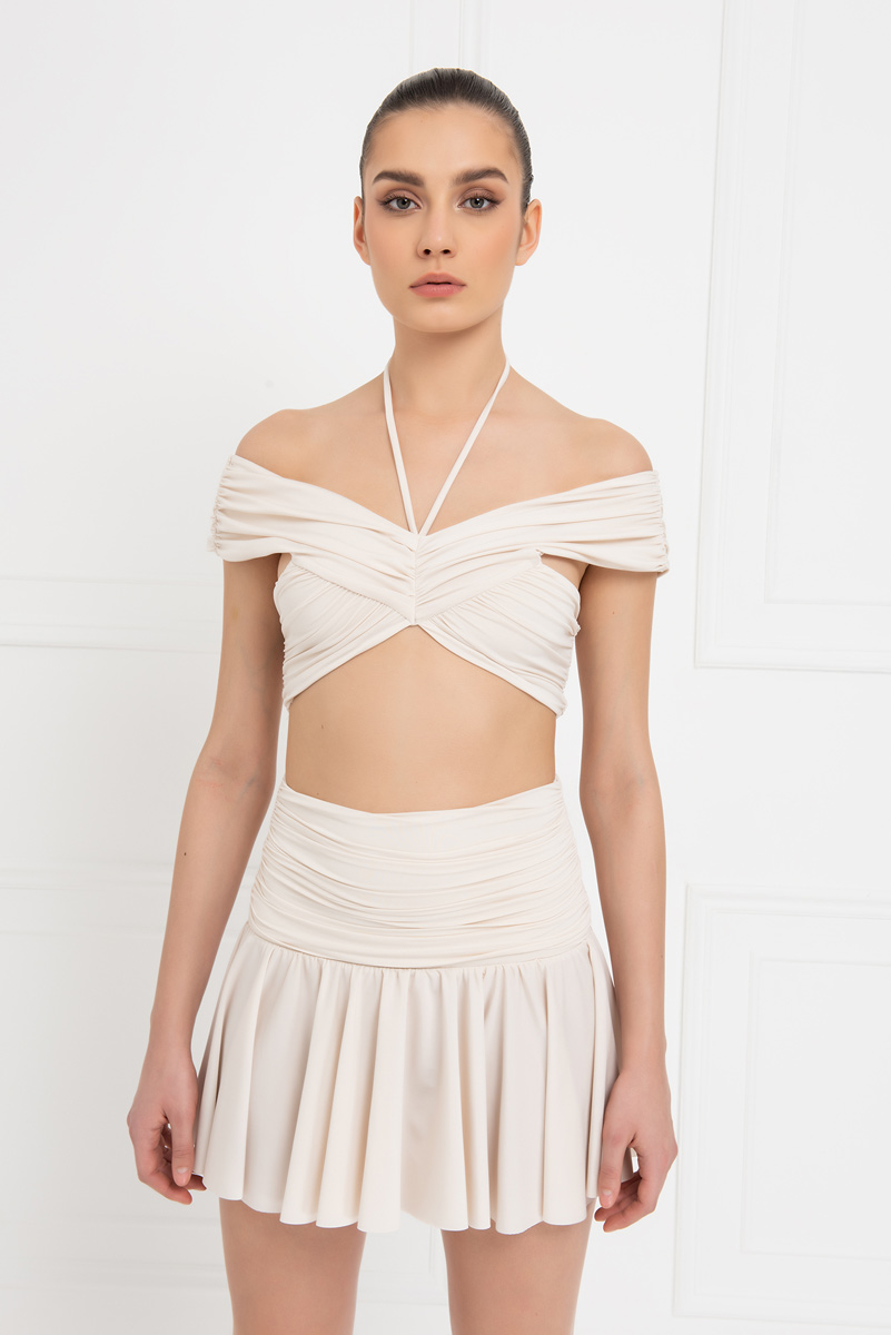 Cream Shirred Crop Cami & Skirt Set