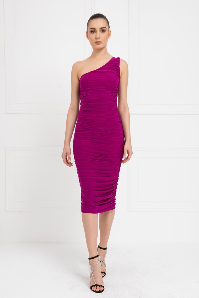 Violet Shirred One-Shoulder Mesh Dress