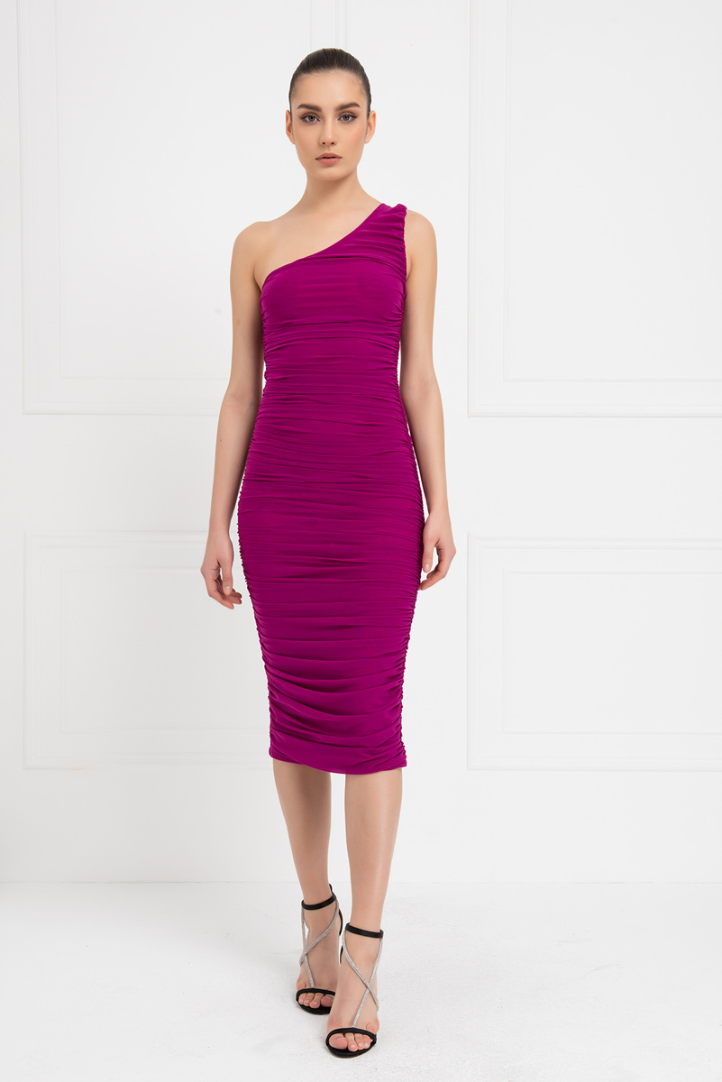 Wholesale Violet Shirred One-Shoulder Mesh Dress