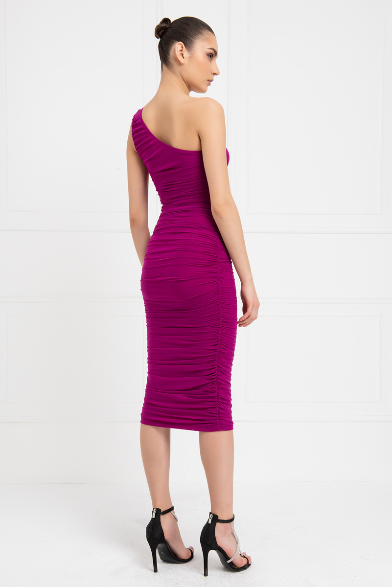 Wholesale Violet Shirred One-Shoulder Mesh Dress