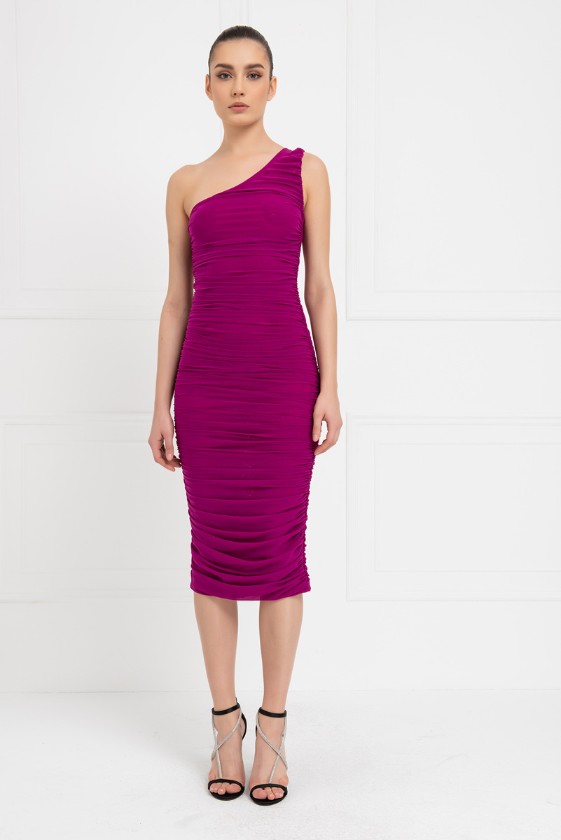 Violet Shirred One-Shoulder Mesh Dress