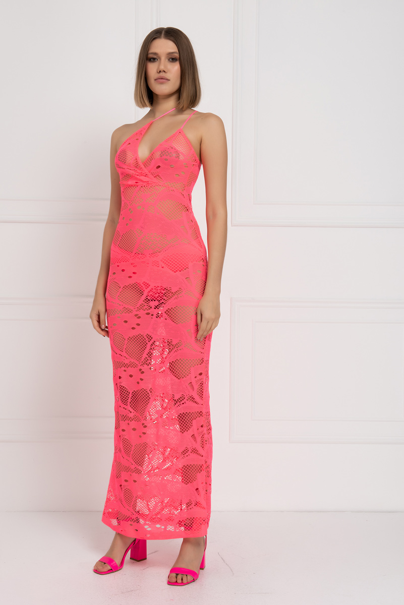 Wholesale Sheer Neon Pink Net Cami Maxi Dress