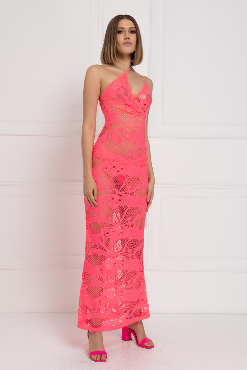 оптовая Sheer Neon Pink Net Cami Maxi Dress