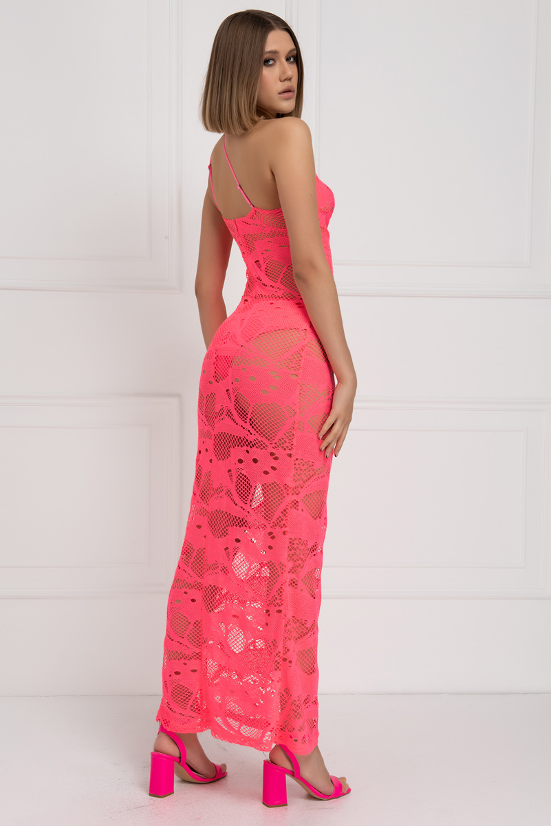 Wholesale Sheer Neon Pink Net Cami Maxi Dress