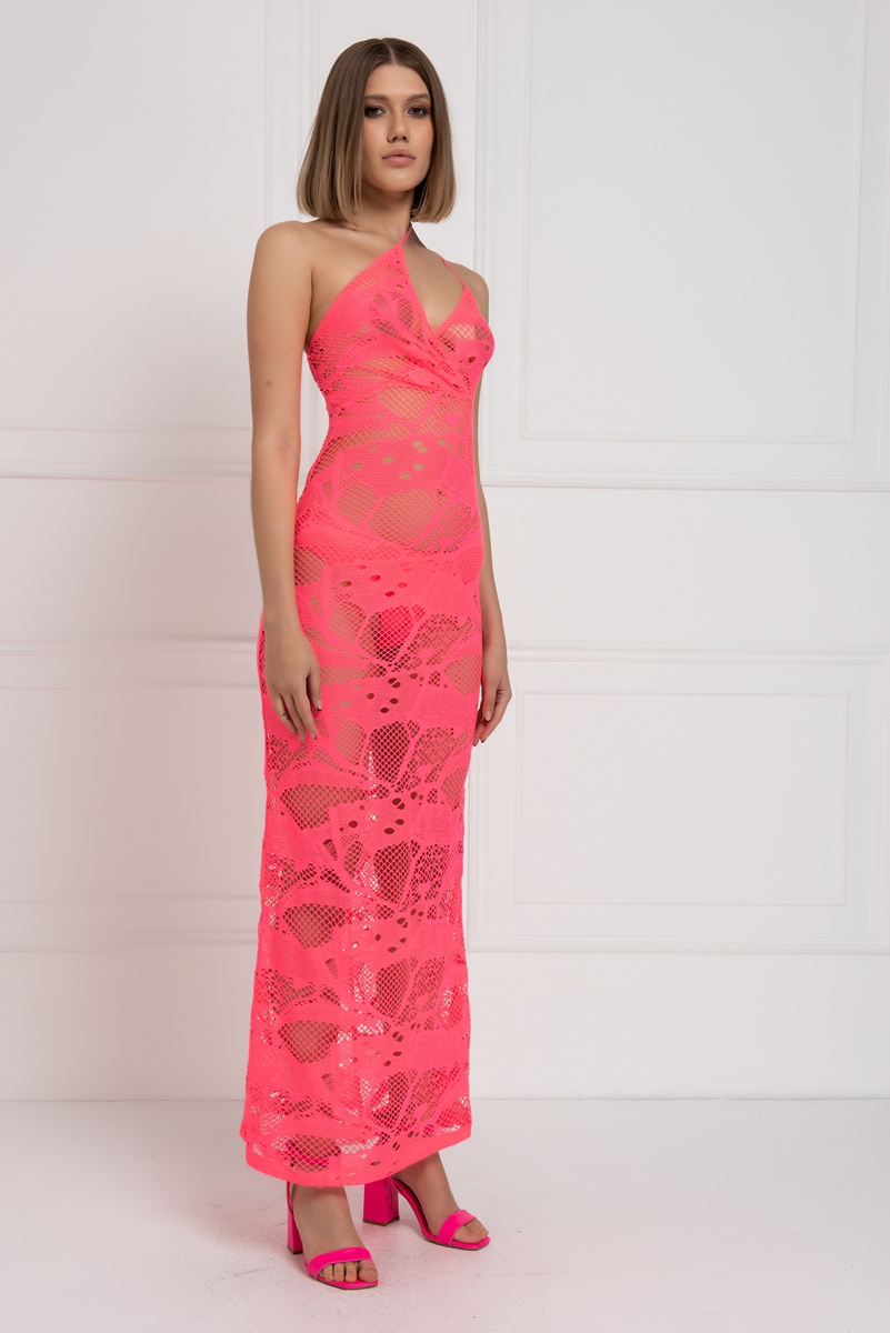 Sheer Neon Pink Net Cami Maxi Dress
