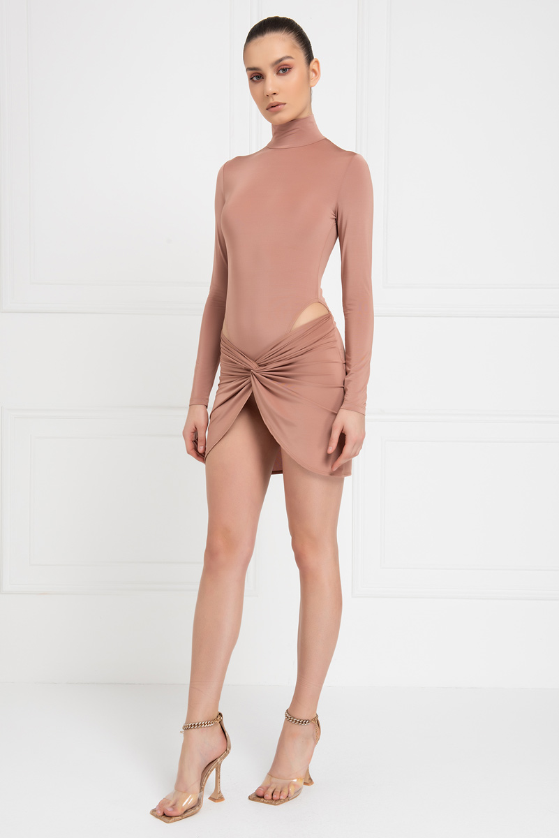 Caramel Mock Neck Bodysuit & Skirt Set