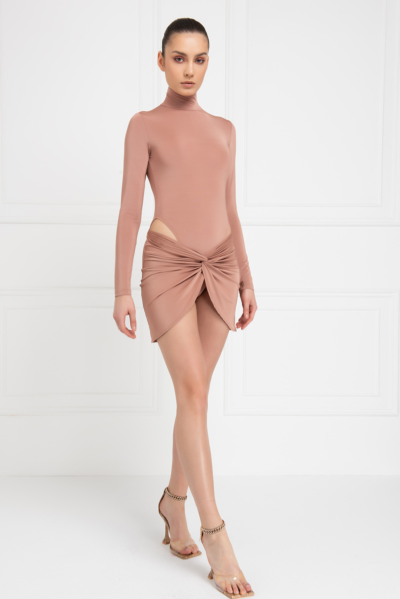 Caramel Mock Neck Bodysuit & Skirt Set