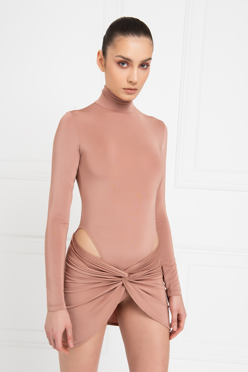 Wholesale Caramel Mock Neck Bodysuit & Skirt Set